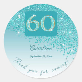 Vallende Blauwgroen Blue Glitter, 60ste verjaardag Ronde Sticker