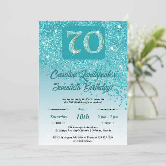 Vallende Blauwgroen Blue Glitter 70e verjaardagsfe Kaart (Staand voorkant)