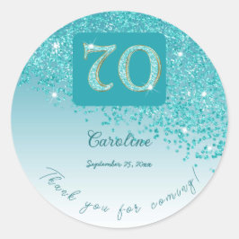 Vallende Blauwgroen Blue Glitter, 70ste verjaardag Ronde Sticker