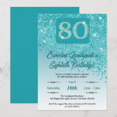 Vallende Blauwgroen Blue Glitter 80ste verjaardags Kaart (Voorkant / Achterkant)