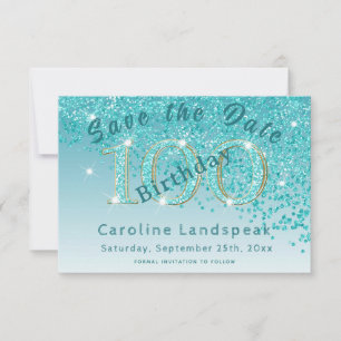 Vallende Blauwgroen Blue Glitter voor 100e verjaar Save The Date