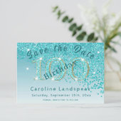 Vallende Blauwgroen Blue Glitter voor 100e verjaar Save The Date (Staand voorkant)