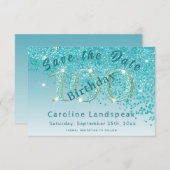 Vallende Blauwgroen Blue Glitter voor 100e verjaar Save The Date (Voorkant / Achterkant)