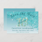 Vallende Blauwgroen Blue Glitter voor 18e verjaard Save The Date (Voorkant / Achterkant)