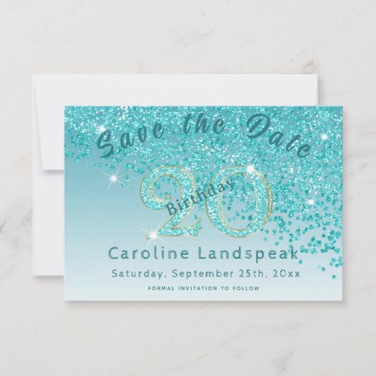 Vallende Blauwgroen Blue Glitter voor 20e verjaard Save The Date (Voorkant)