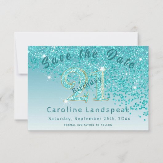 Vallende Blauwgroen Blue Glitter voor 21e verjaard Save The Date (Voorkant)