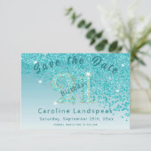 Vallende Blauwgroen Blue Glitter voor 21e verjaard Save The Date (Staand voorkant)