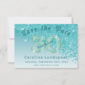 Vallende Blauwgroen Blue Glitter voor 30e verjaard Save The Date (Voorkant)