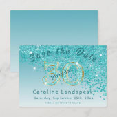 Vallende Blauwgroen Blue Glitter voor 30e verjaard Save The Date (Voorkant / Achterkant)