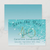 Vallende Blauwgroen Blue Glitter voor 40e verjaard Save The Date (Voorkant / Achterkant)