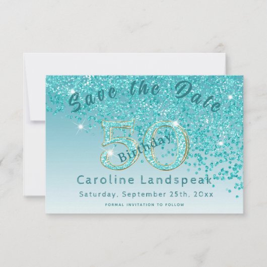 Vallende Blauwgroen Blue Glitter voor 50e verjaard Save The Date (Voorkant)