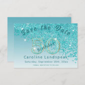 Vallende Blauwgroen Blue Glitter voor 50e verjaard Save The Date (Voorkant / Achterkant)