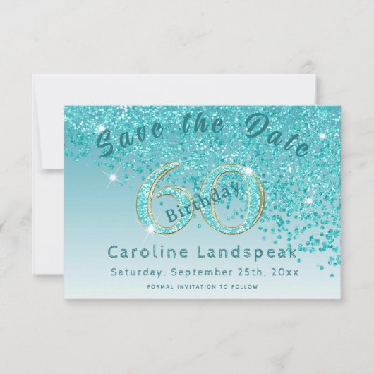 Vallende Blauwgroen Blue Glitter voor 60e verjaard Save The Date (Voorkant)