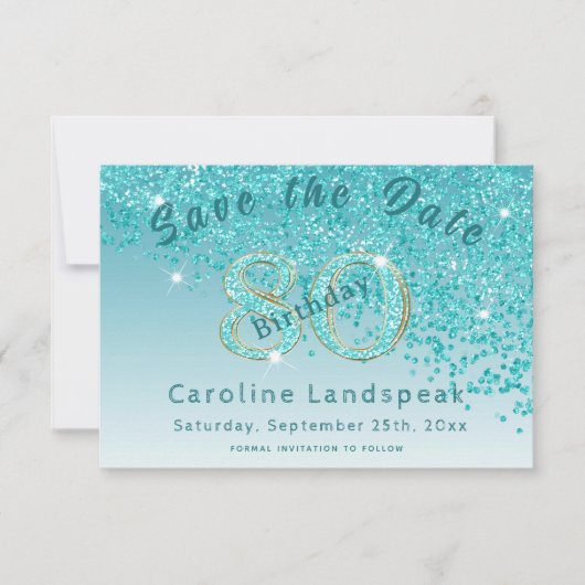 Vallende Blauwgroen Blue Glitter voor 80e verjaard Save The Date (Voorkant)