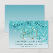 Vallende Blauwgroen Blue Glitter voor 80e verjaard Save The Date (Voorkant / Achterkant)