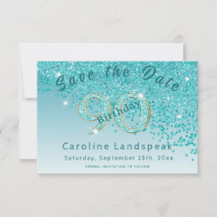 Vallende Blauwgroen Blue Glitter voor 90e verjaard Save The Date