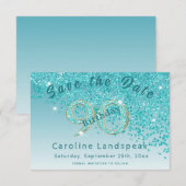 Vallende Blauwgroen Blue Glitter voor 90e verjaard Save The Date (Voorkant / Achterkant)