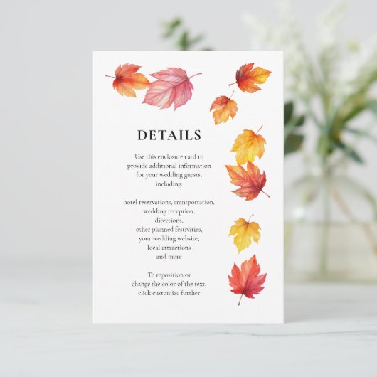 Vallende Herfst Bladeren Trouwuitnodiging, Details Informatiekaartje (Staand voorkant)