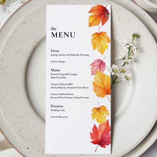 Vallende herfstbladeren herfst bruiloft diner menu