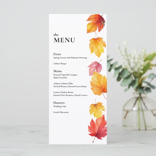 Vallende herfstbladeren herfst bruiloft diner menu (Staand voorkant)