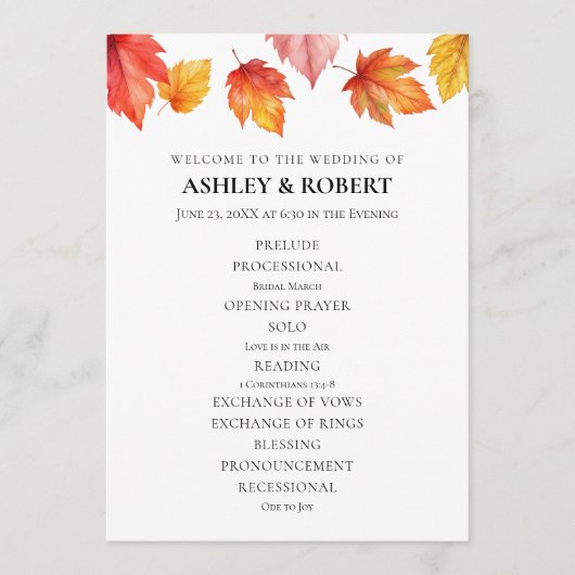 Vallende herfstbladeren herfstbruiloft programmakaart (Voorkant)