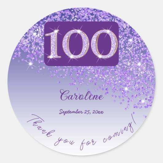 Vallende Paarse glitter, 100ste verjaardag Bedankt Ronde Sticker (Voorkant)