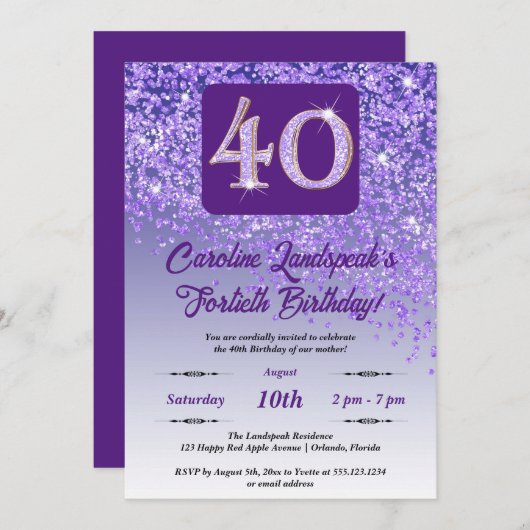 Vallende Paarse Glitter 40e Verjaardagsfeest Kaart (Voorkant / Achterkant)