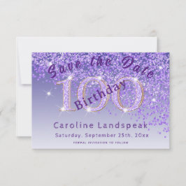 Vallende Paarse glitter voor 100e verjaardag Save The Date