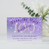 Vallende Paarse glitter voor 100e verjaardag Save The Date (Staand voorkant)