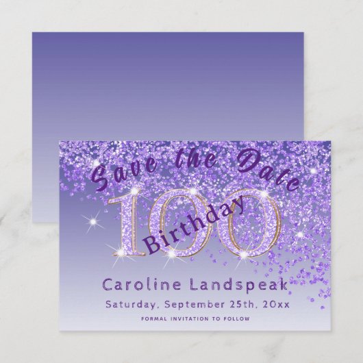 Vallende Paarse glitter voor 100e verjaardag Save The Date (Voorkant / Achterkant)