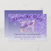 Vallende Paarse glitter voor 18e verjaardag Save The Date (Voorkant / Achterkant)