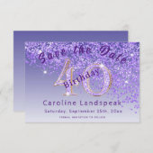 Vallende Paarse glitter voor 40e verjaardag Save The Date (Voorkant / Achterkant)