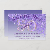 Vallende Paarse glitter voor 50e verjaardag Save The Date (Voorkant / Achterkant)