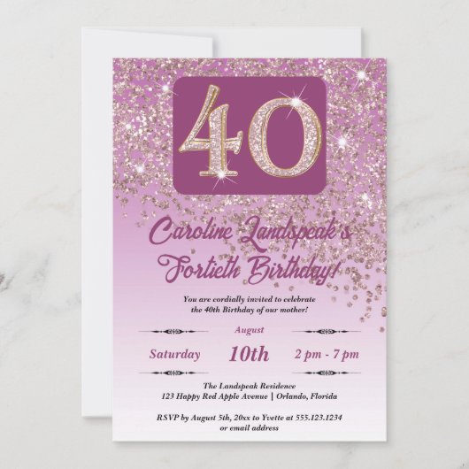 Vallende Roos Gouden Glitter 40ste Verjaardagsfees Kaart (Voorkant)