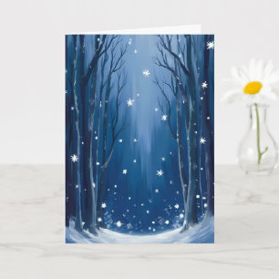 Vallende Sneeuw Blauwe Winter Bos Aquarel Geschild Kaart