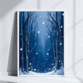 Vallende Sneeuw Blauwe Winter Bos Aquarel Geschild Poster