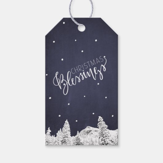 Vallende Sneeuw Marine Wit Kerstmis Zegen Script Cadeaulabel (Voorkant)