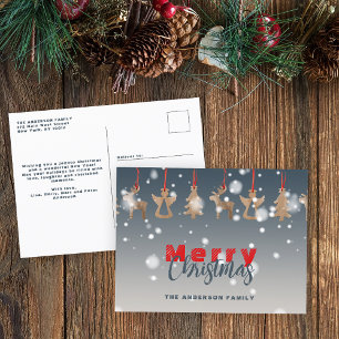 Vallende sneeuwvlokken en houten Ornamenten Kerst Feestdagenkaart