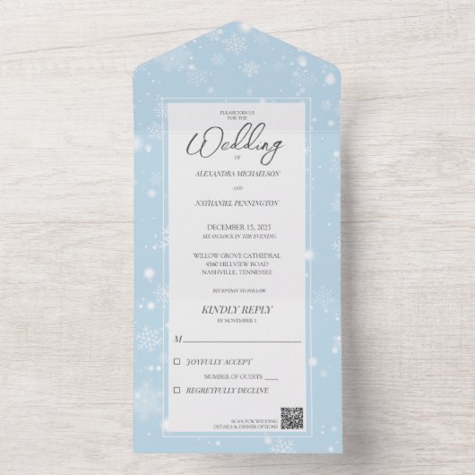 Vallende sneeuwvlokken op bleke ijsblauw met QR-co All In One Uitnodiging (Binnen)