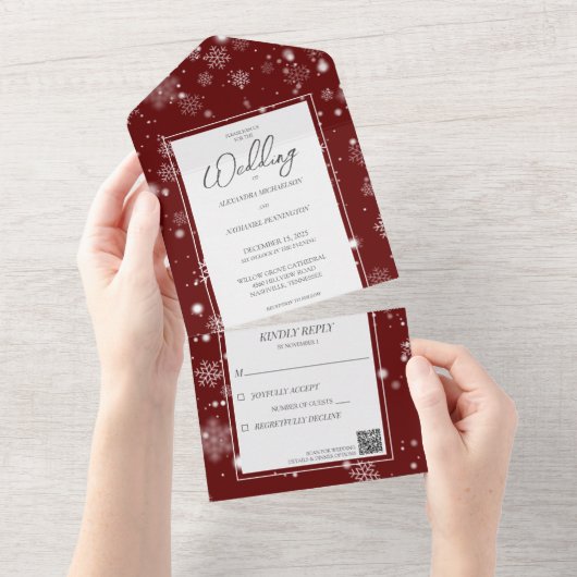 Vallende Sneeuwvlokken op Deep Red met QR-code All In One Uitnodiging (Afscheurbaar)