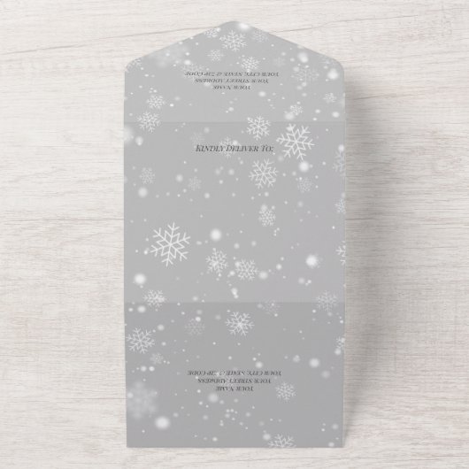 Vallende sneeuwvlokken op grijs all in one uitnodiging (Buitenkant)