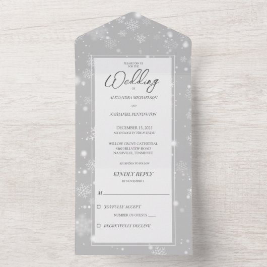 Vallende sneeuwvlokken op grijs all in one uitnodiging (Binnen)