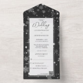 Vallende sneeuwvlokken op zwart met QR-code All In One Uitnodiging (Binnen)