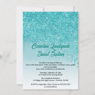 Vallende Turquoise Blauwe Glitter Sweet Sixteen Kaart