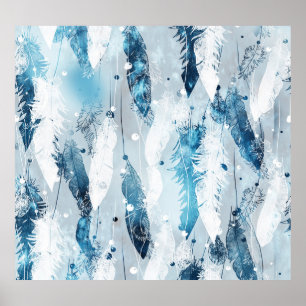 Vallende veren: Blauwe Waterverf Naadloos Poster