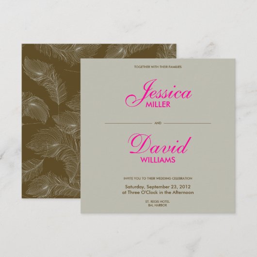 Vallende veren in chocolade / taupe moderne bruilo kaart (Voorkant / Achterkant)