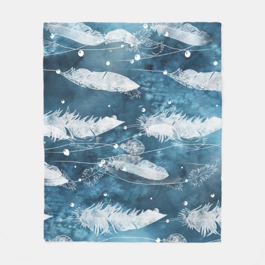 Vallende witte veren, blauwe waterverf. fleece deken (Voorkant)