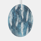 Vallende witte veren, blauwe waterverf. glas ornament (Voorkant Rechts)