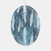 Vallende witte veren, blauwe waterverf. glas ornament (Voorkant links)