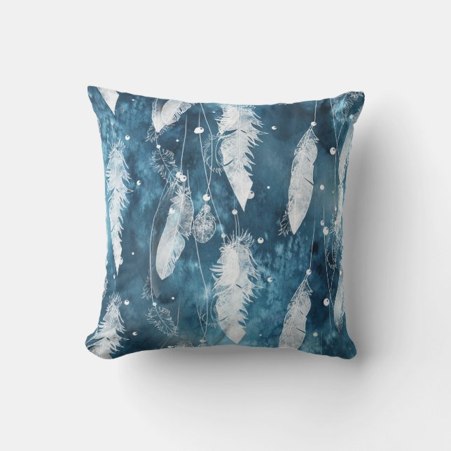 Vallende witte veren, blauwe waterverf. kussen (Voorkant)